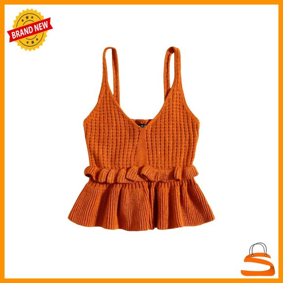 Tops - Sleeveless Peplum Crop Sweater Vest, Ruffle Hem, Slim Fit, Acrylic Knit